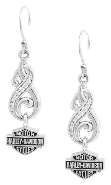 Harley-Davidson Womens Bling Filigree Bar & Shield Drop Earrings, Silver HDE0464 - Wisconsin Harley-Davidson