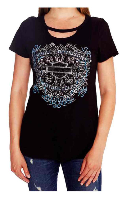 Harley-Davidson Women's Crossparty Embellished Short Sleeve Scoop Tee, Black - Wisconsin Harley-Davidson