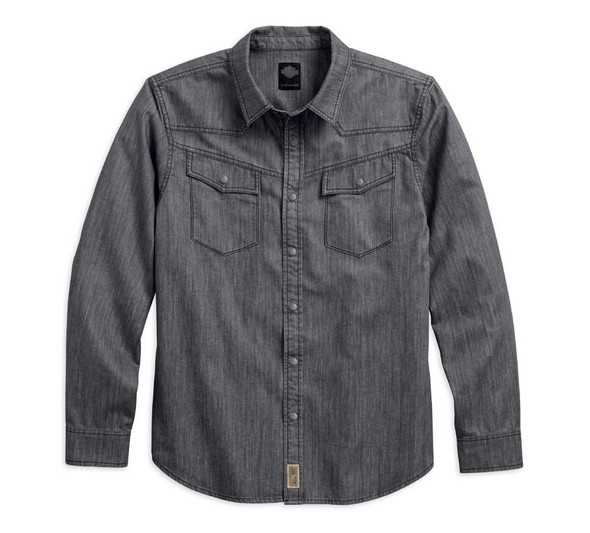 Harley-Davidson Mens Gray Denim Long Sleeve Snap Front Shirt Slim Fit 96433-18VM - Wisconsin Harley-Davidson