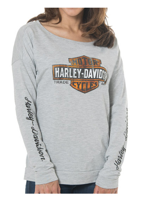 Harley-Davidson Women's Distressed Elongated B&S Long Sleeve Shirt, Heather Gray - Wisconsin Harley-Davidson