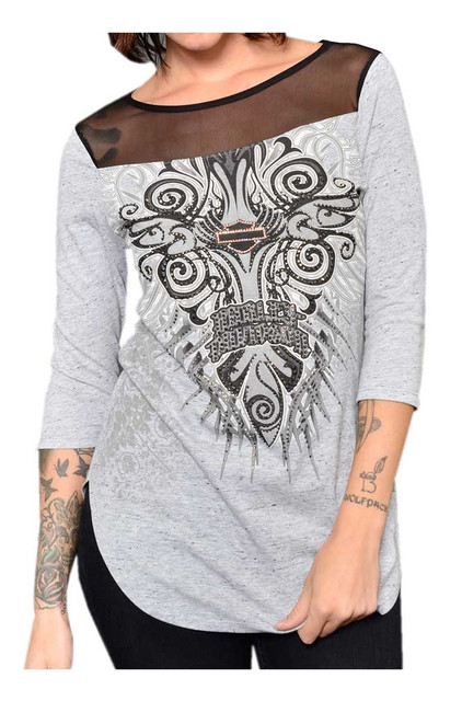 Harley-Davidson Women's Fall Fresh Embellished Mesh 3/4 Sleeve Top, Gray - Wisconsin Harley-Davidson