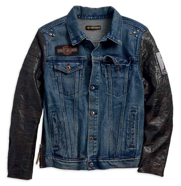 Harley-Davidson Men's #1 Leather Sleeve Slim Fit Denim Jacket, Blue 97467-18VM - Wisconsin Harley-Davidson