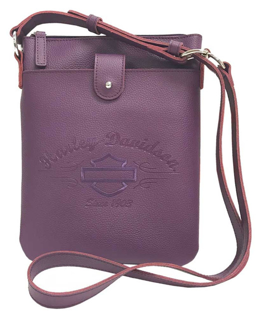 Harley-Davidson Women's Script Embossed Vertical Crossbody Purse LSE6145-PURPLE - Wisconsin Harley-Davidson