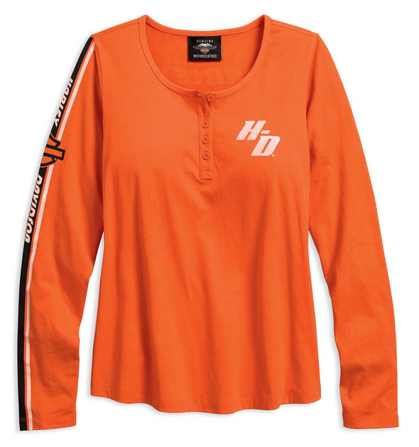 Harley-Davidson Women's Sleeve Stripe Long Sleeve Henley, Orange 96158-18VW - Wisconsin Harley-Davidson