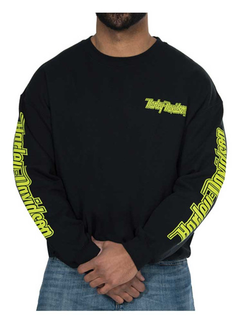 Harley-Davidson Men's Neon Gas Alley Crew-Neck Pullover Fleece Sweatshirt, Black - Wisconsin Harley-Davidson