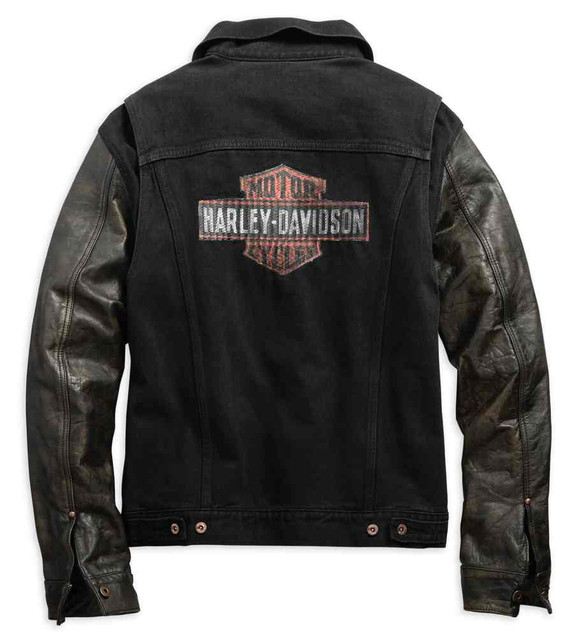 Harley-Davidson® Men's Leather Sleeve Slim Fit Denim Jacket, Black