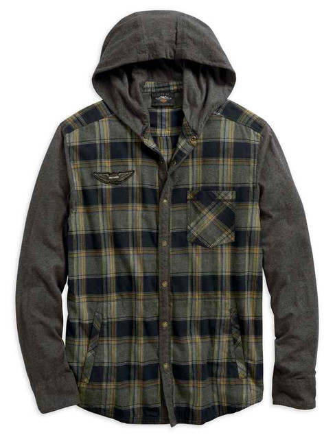Harley-Davidson Men's Jersey Sleeve Hooded Plaid Shirt Jacket 96538-19VM - Wisconsin Harley-Davidson