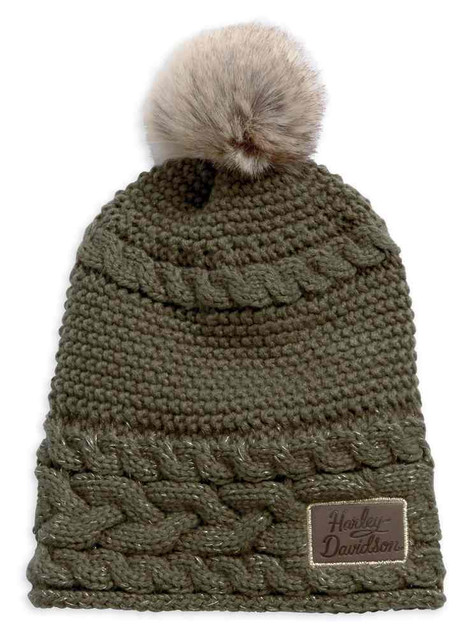Harley-Davidson Women's Chunky Pom Pom Knit Hat, Stone Gray 97738-19VW - Wisconsin Harley-Davidson