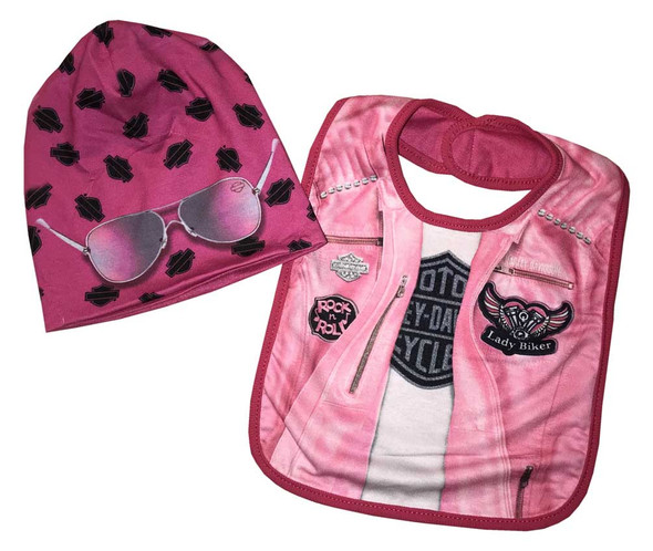 Harley-Davidson Baby Girls' Biker Knit Newborn Bib & Slouchy Beanie Pink 7004811 - Wisconsin Harley-Davidson