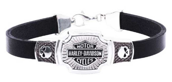 Harley-Davidson Men's Bar & Shield Classic Leather Bracelet, Silver HDB0382 - Wisconsin Harley-Davidson