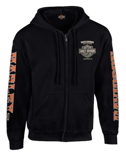 Harley-Davidson Men's H-D Rider Skull Zip-Up Fleece Hoodie - Solid Black - Wisconsin Harley-Davidson