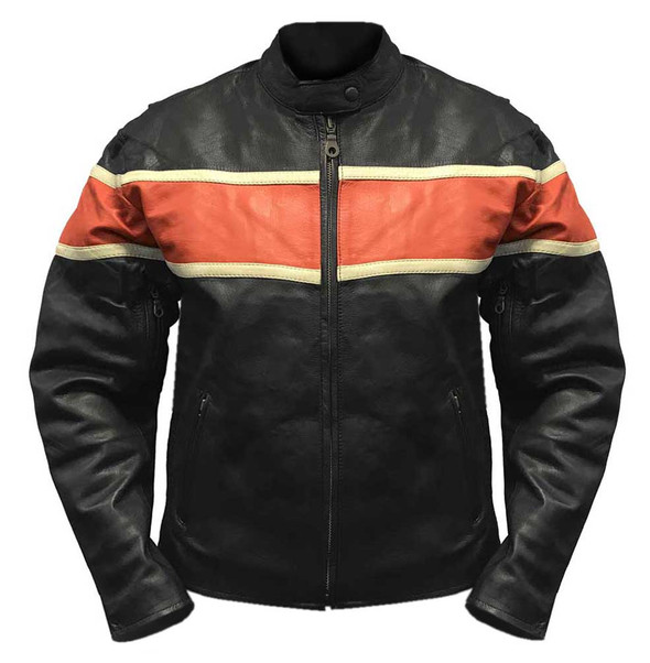 Redline Men's Orange Stripe Cowhide Leather Motorcycle Jacket