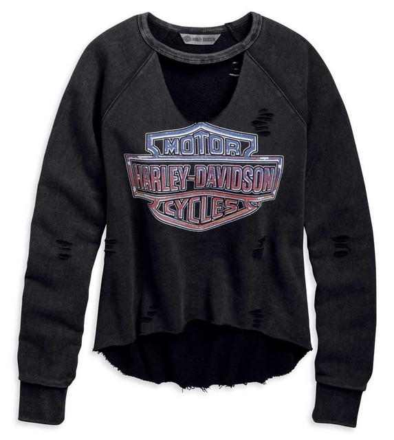 Harley-Davidson Women's Vintage Raw-Edge Pullover Sweatshirt - Black 96855-19VW - Wisconsin Harley-Davidson