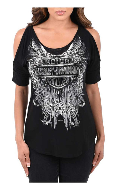Harley-Davidson Women's Embellished B&S Cold Shoulder 3/4 Sleeve Top - Black - Wisconsin Harley-Davidson