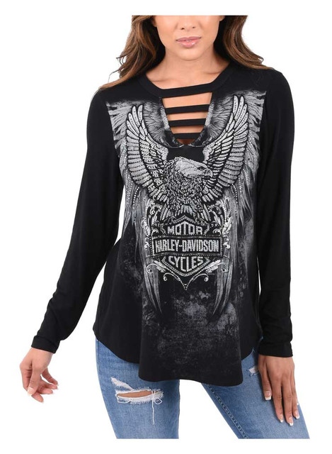 Harley-Davidson Women's Eagle Embellished Long Sleeve Cut-Out V-Neck Top, Black - Wisconsin Harley-Davidson
