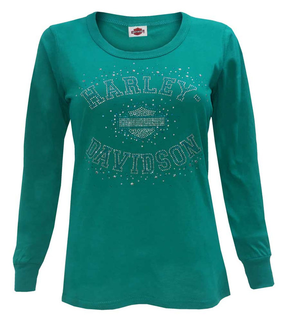 Harley-Davidson Womens Starstruck Embellished Long Sleeve Scoop Neck Shirt, Teal - Wisconsin Harley-Davidson