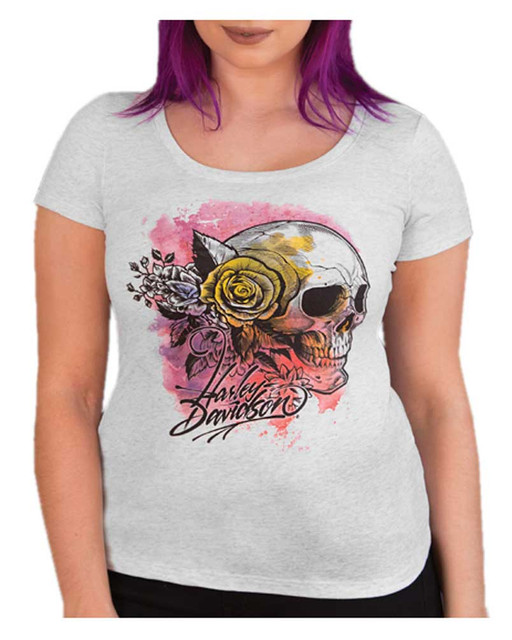 Harley-Davidson Womens Floral Skull Slim Fit Short Sleeve T-Shirt, Heather Gray - Wisconsin Harley-Davidson
