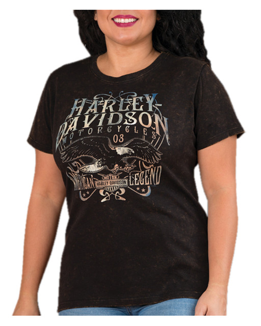 Harley-Davidson Women's Far Out Distressed Crew-Neck T-Shirt - Black Acid Wash - Wisconsin Harley-Davidson