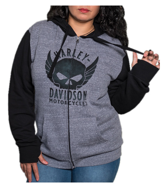 Harley-Davidson Women's Willie G Skull Colorblock Zip-Up Hoodie w/ Thumbholes - Wisconsin Harley-Davidson