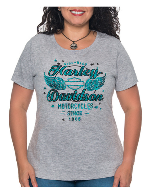 Harley-Davidson Women's Irresistible Wing Scoop Neck Short Sleeve T-Shirt, Gray - Wisconsin Harley-Davidson