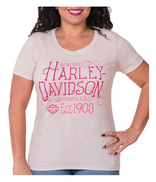 Harley-Davidson Women's Rhinestone Pink Gold Short Sleeve Crew T-Shirt - Gray - Wisconsin Harley-Davidson