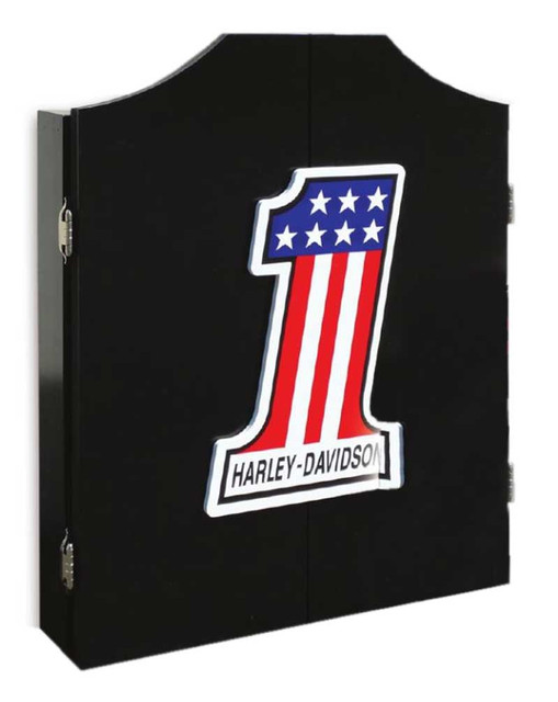 Harley-Davidson #1 Racing Logo Dart Board Cabinet – Black Wooden Cabinet 61803 - Wisconsin Harley-Davidson