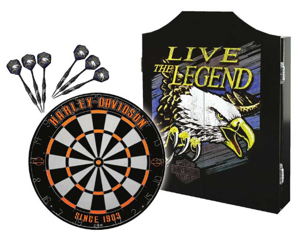 Harley-Davidson Legend Eagle Logo Dart Board Kit – Black Wooden Cabinet 61897 - Wisconsin Harley-Davidson