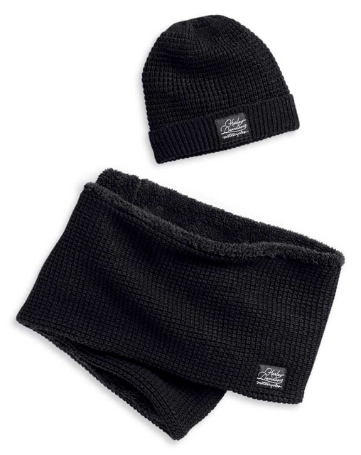 Harley-Davidson Women's Fleece Lined Knit Hat & Scarf Set - Black 97620-20VW - Wisconsin Harley-Davidson
