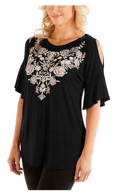 Liberty Wear Women's Embroidered Floral Diamonds Cold Shoulder Tee, Black - Wisconsin Harley-Davidson