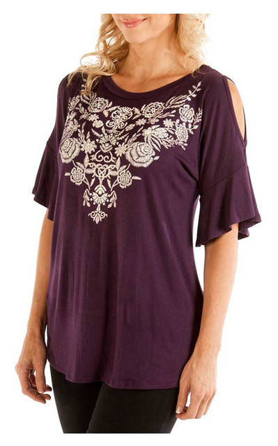 Liberty Wear Women's Embroidered Floral Diamonds Cold Shoulder Tee, Purple - Wisconsin Harley-Davidson
