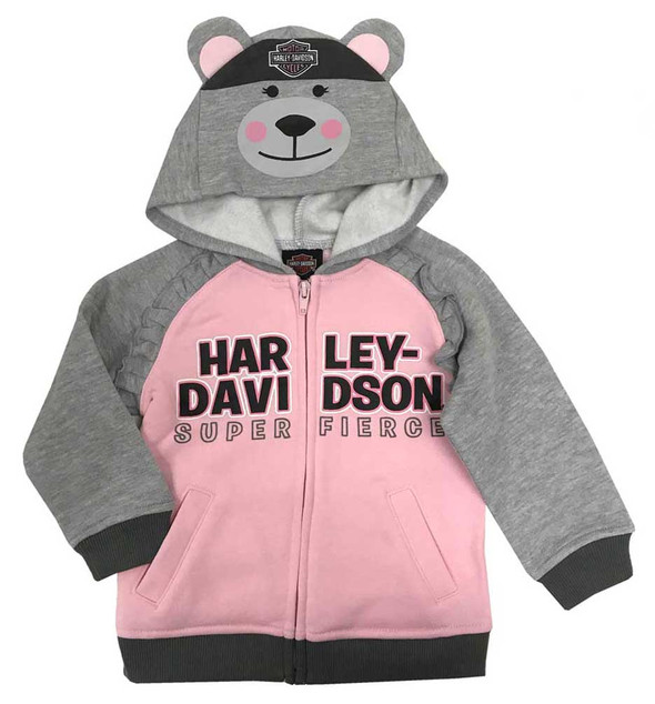 Harley-Davidson Little Girls' Bear Hood Fleece Toddler Hoodie,Gray/Pink 6524915 - Wisconsin Harley-Davidson
