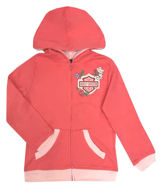 Harley-Davidson Big Girls' Glitter B&S Floral Zip-Up Hoodie - Pink 6541739 - Wisconsin Harley-Davidson