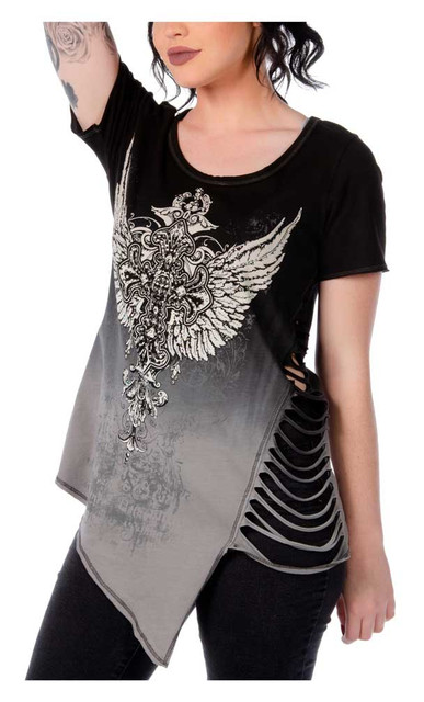 Liberty Wear Women's Waste Away Dip Dye Embellished T-Shirt w/Side Slits 7740BLK - Wisconsin Harley-Davidson