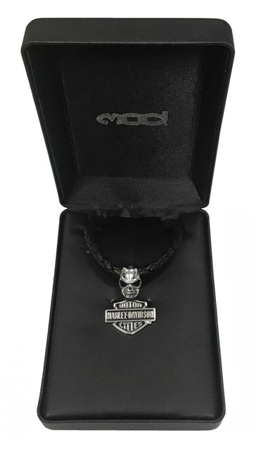 Harley-Davidson® Men's Wicked Skull Bar & Shield Leather Necklace