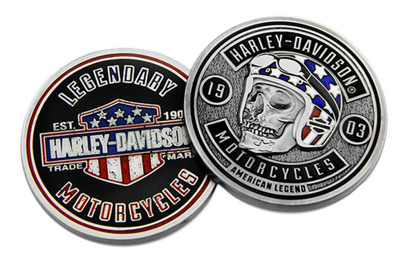 Harley-Davidson Biker Skull Flag Challenge Coin, 1.75 in. Silver & Black 8009052 - Wisconsin Harley-Davidson