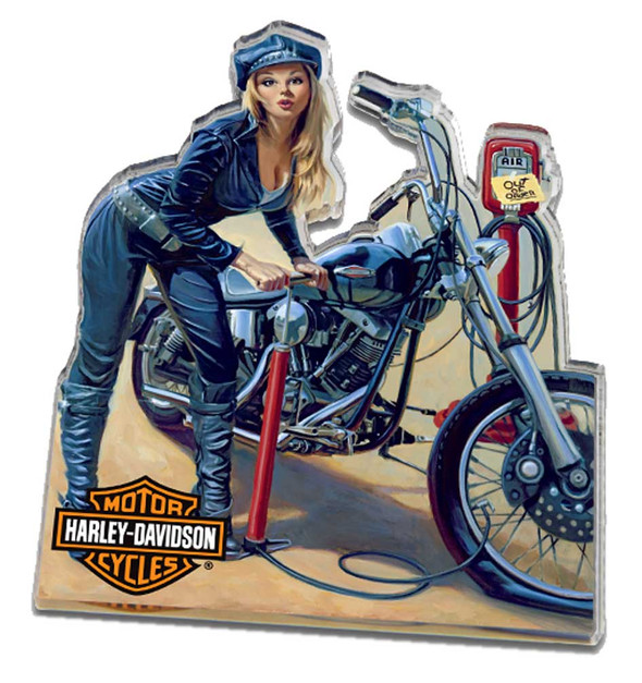 Harley-Davidson Pump'er Up Pin Up Biker Lady Hard Acrylic Magnet, 4 x 3.5 inches - Wisconsin Harley-Davidson