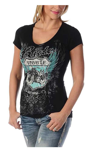 Liberty Wear Women's Bikin' Route 66 Embellished Short Sleeve V-Neck Tee, Black - Wisconsin Harley-Davidson