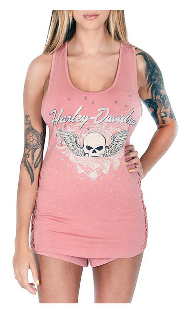 Harley-Davidson Women's Winged Willie G Skull Sleeveless Sleep Tank Top, Pink - Wisconsin Harley-Davidson