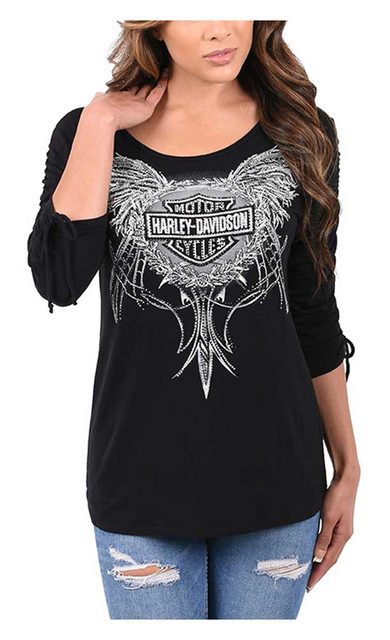 Harley-Davidson Womens Winged Bar & Shield Embellished 3/4 Sleeve Scoop Neck Top - Wisconsin Harley-Davidson