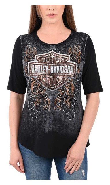 Harley-Davidson Womens Embellished Bar & Shield 3/4 Sleeve Scoop Neck Top, Black - Wisconsin Harley-Davidson
