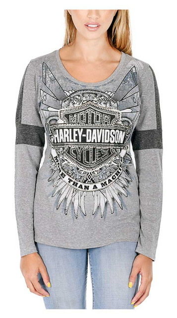 Harley-Davidson Women's Bling Bar & Shield Long Sleeve Scoop Neck T-Shirt, Gray - Wisconsin Harley-Davidson