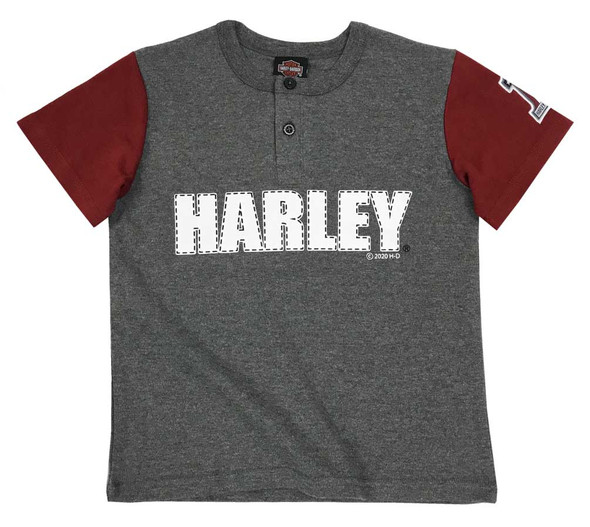 Harley-Davidson Big Boys' H-D Short Sleeve Knit Henley Shirt - Gray & Maroon - Wisconsin Harley-Davidson