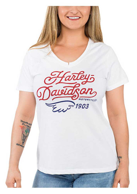 Harley-Davidson Women's Embellished Script V-Neck Short Sleeve Cotton Tee, White - Wisconsin Harley-Davidson