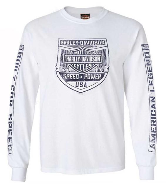 Harley-Davidson Mens Built For Speed Long Sleeve Crew-Neck Cotton T-Shirt, White - Wisconsin Harley-Davidson
