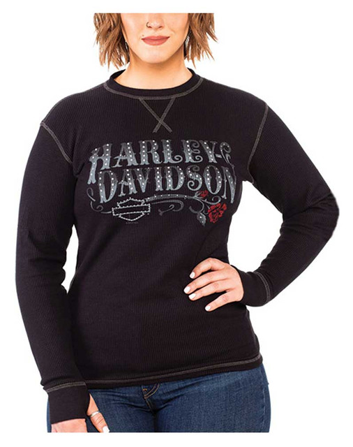 Harley-Davidson Women's Bling Script Long Sleeve Thermal Tee w/Thumbholes, Black - Wisconsin Harley-Davidson
