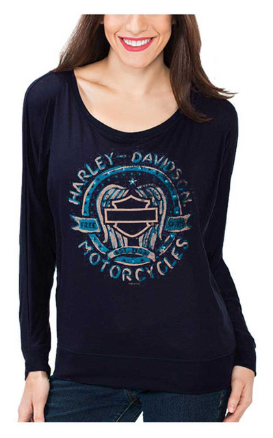 Harley-Davidson Women's Painted Embellished Wings Long Sleeve Shirt, Dark Blue - Wisconsin Harley-Davidson
