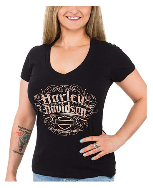 Harley-Davidson Women's Bling Script Short Sleeve V-Neck Cotton T-Shirt, Black - Wisconsin Harley-Davidson