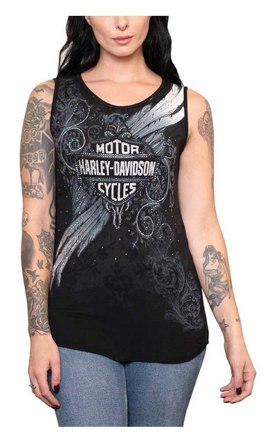 Harley-Davidson Women's Feathers & Stones Scoop Neck Sleeveless Tank Top - Black - Wisconsin Harley-Davidson