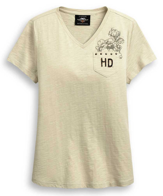 Harley-Davidson Women's Eagle & Roses V-Neck Short Sleeve Tee - Beige 96317-20VW - Wisconsin Harley-Davidson