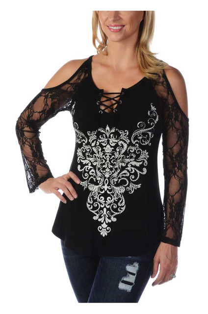 Liberty Wear Women's Bohemian Lace Embellished Cold Shoulder Long Sleeve Top - Wisconsin Harley-Davidson